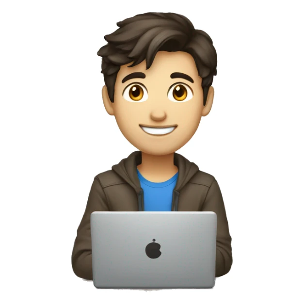 Young design engineer, dark brown hair, good smile, using laptop sticker