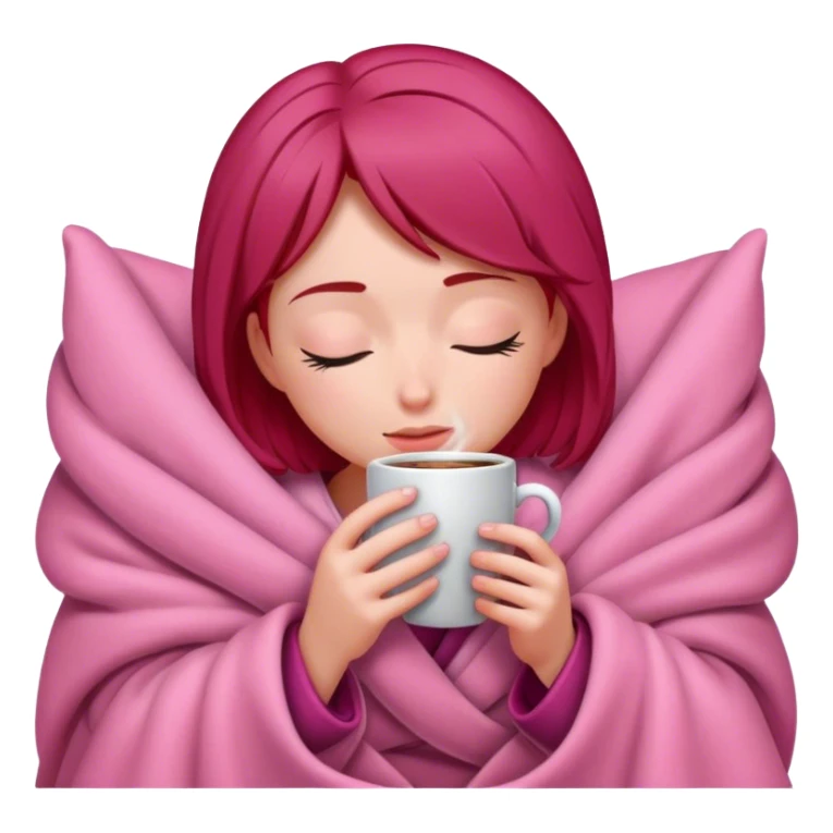 Short cherry haired girl inside a pink blanket sipping coffee eyes closed sticker