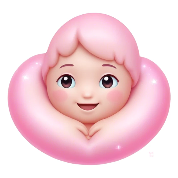 Cinematic floating soft heart, chubby round edges, pastel pink glow, tiny smiling face, surrounded by dreamy sparkles, gentle and loving. sticker