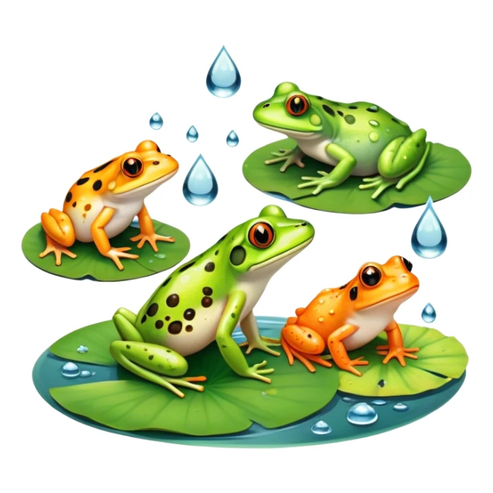 Icon for Amphibians: A colorful collage with various amphibians like a bright green frog sitting on a lily pad, a small salamander with orange spots, and a toad with bumpy skin. Water droplets around them and a pond in the background. Transparent background. sticker