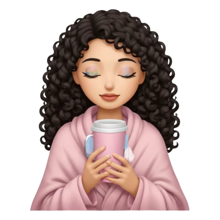 hispanic woman, black long 3b curls, closed eyes, feminine face, holding soft pink coffee cup with beige blanket over shoulders sticker