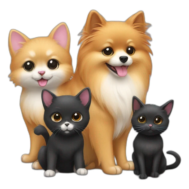 a pomeranian, a black cat and a gray mouse hold hands sticker