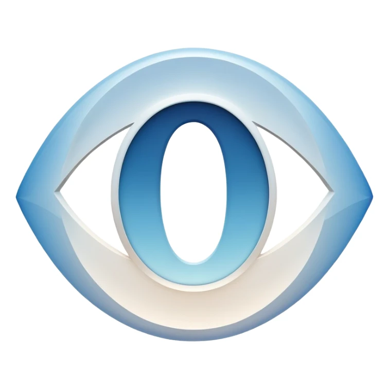 stylized white capital letter O in almond-shaped gradient oval eye with silver curved accents on each side, over circular blue background, symbol of vision and focus sticker