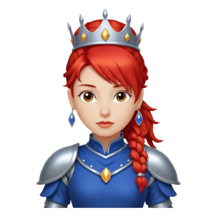 Red Haired Princess, Warrior Princess – fiery red ponytail, silver armor over royal dress, confident stance, silver crown sticker