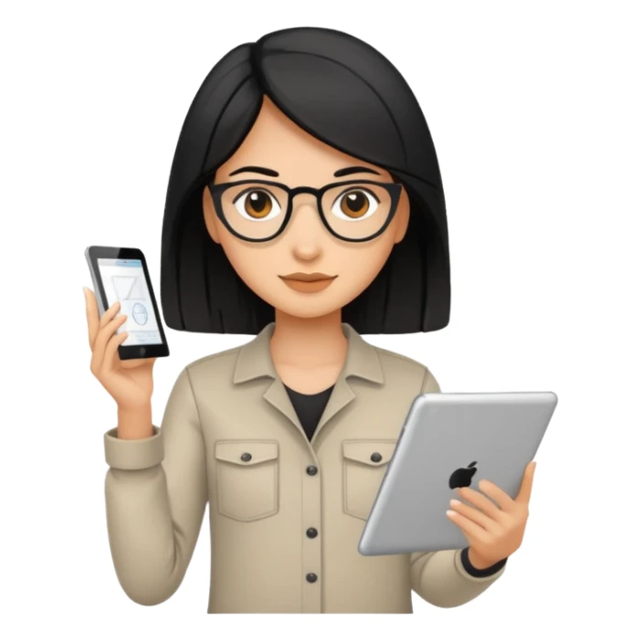 female UX designer with black hair holding a digital tablet and wireframes sticker