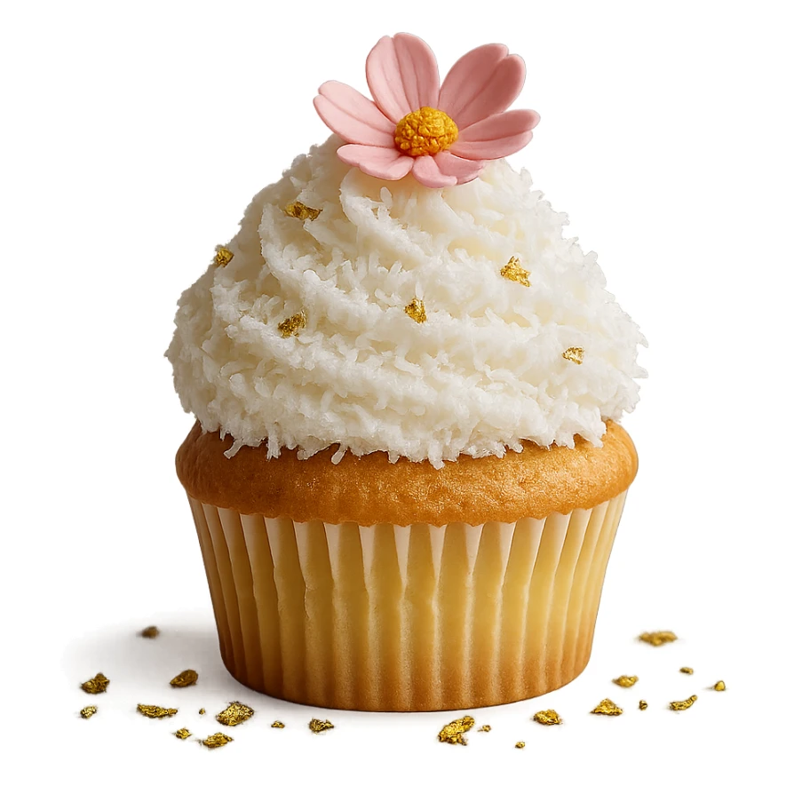 Change the icing to coconut (white, with a slightly textured or shredded coconut appearance), keep the realistic cupcake and accessories, photorealistic style, transparent background. sticker