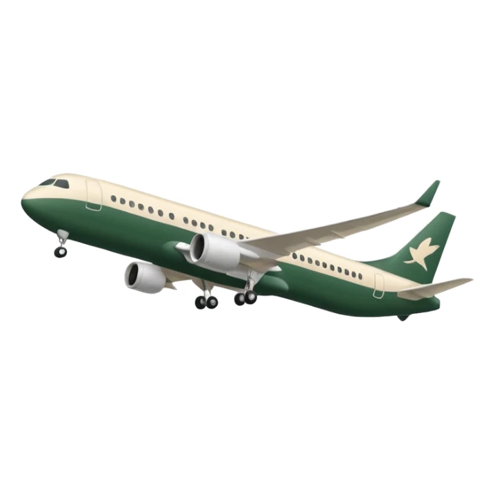 minimalist long passenger airplane, fully light beige (milky), only dark green (#173e12) accents, Apple emoji style, no text sticker