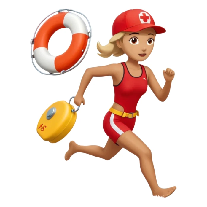Female lifeguard – red cap, running along shore with rescue buoy sticker