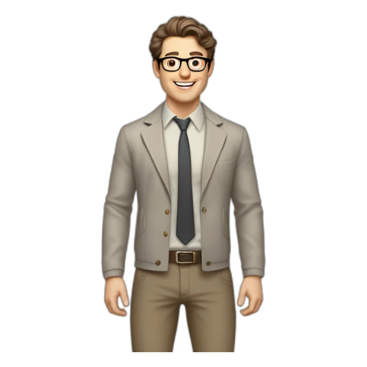 Joyful Pale skinned Fit Man With dark brown hair in gray jacket, beige office shirt, Brown pants and vintage glasses. His thrumbs up sticker