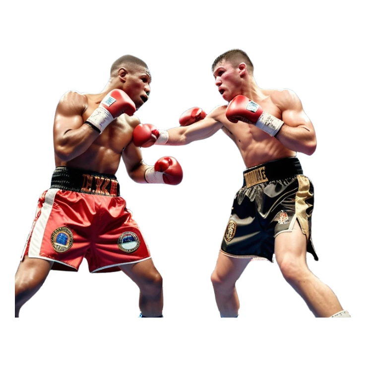  a high-stakes boxing match for the world championship title. Two professional boxers, wearing gloves and championship belts, exchange powerful punches in the center of the ring. The background features a packed arena with bright lights, a roaring crowd, and the championship banner hanging above.  sticker