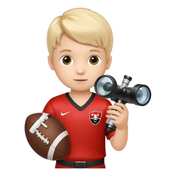 A child stands in a football costume, holding a microscope in his hands sticker