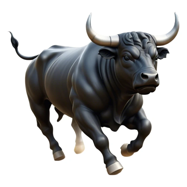 ​Cinematic Realistic Black Charging Bull, depicted in mid-charge with a powerful, muscular form and glossy black hide glistening under dynamic dramatic lighting, dust and motion captured mid-air to exude raw strength and unbridled energy on an expansive arena, sticker