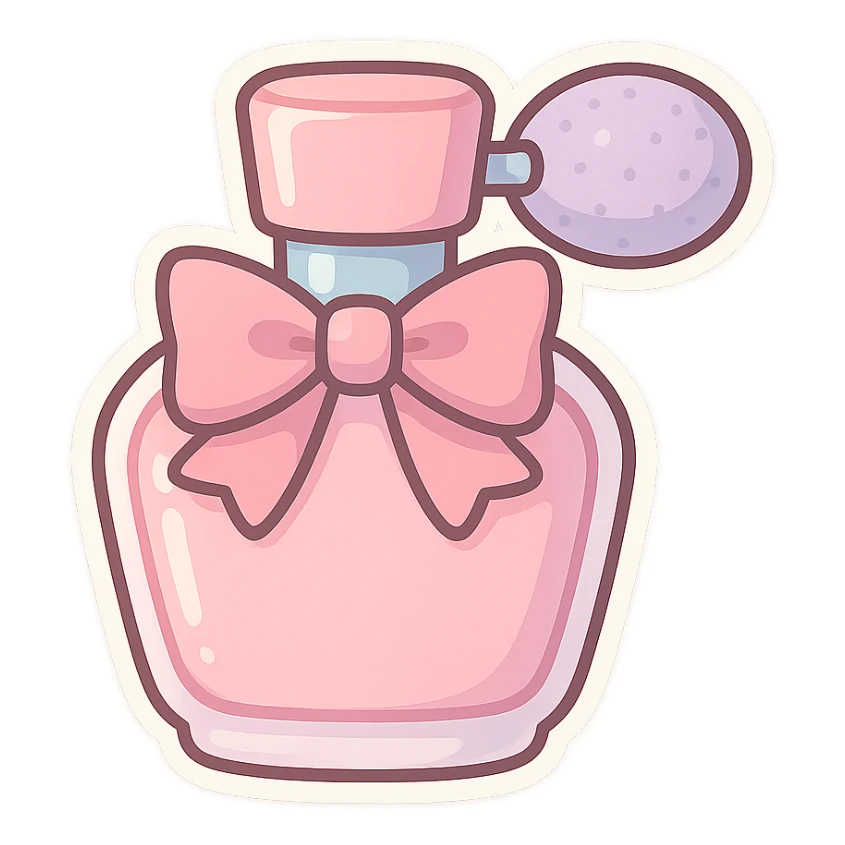 chibi sticker-style perfume bottle with a girly vibe, pastel colors, bow accent, cute and exaggerated sticker