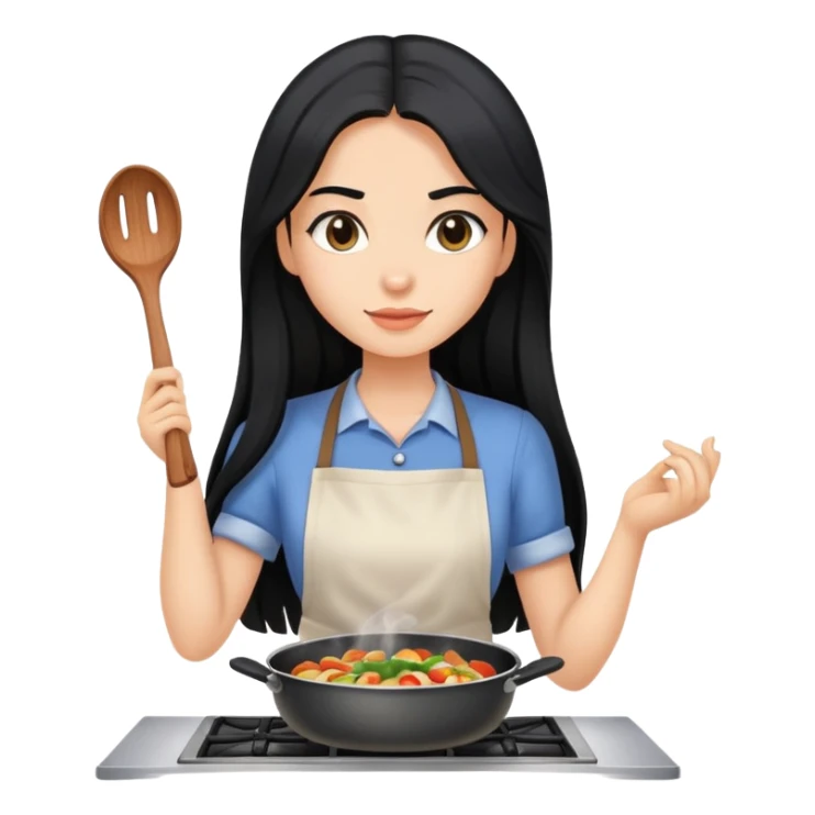Long black hair girl with caucasian skin is cooking sticker
