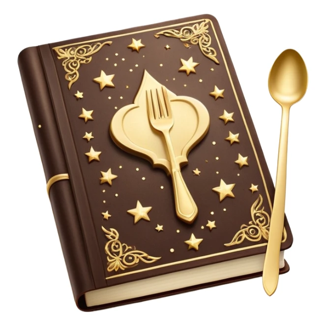 Magical glowing cookbook with a sparkling fork and spoon symbol on the cover, surrounded by tiny stars and magical sparkles sticker