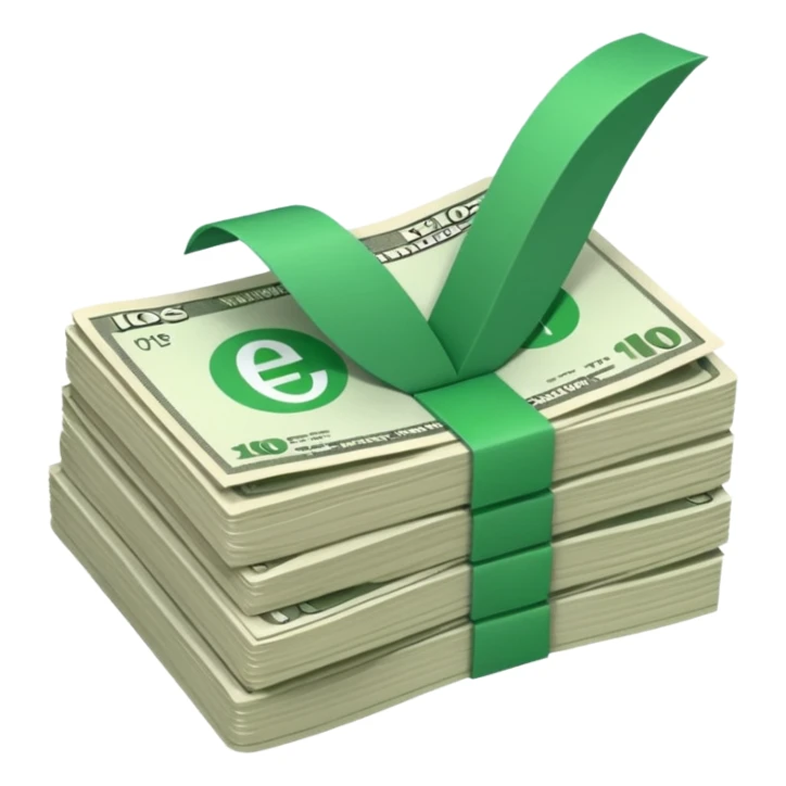 stack of bills facing up with a big green tick in the background sticker