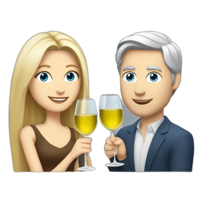 A white woman with brown eyes and blond medium long hair and a white man with blue eyes and grey hair, toasting with a glass of white wine sticker