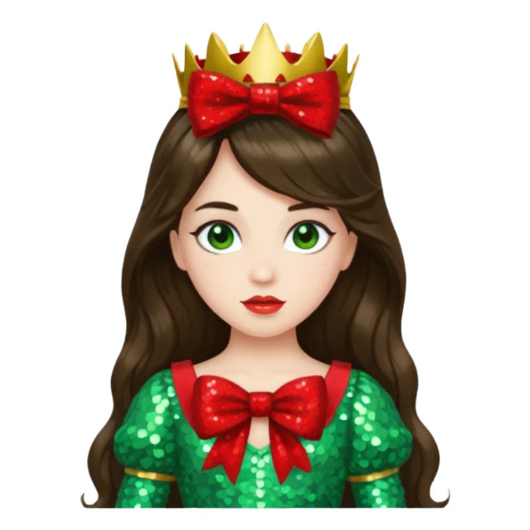 Princess Ozma from Oz with long brunette hair, light green sequin outfit, red bow sticker