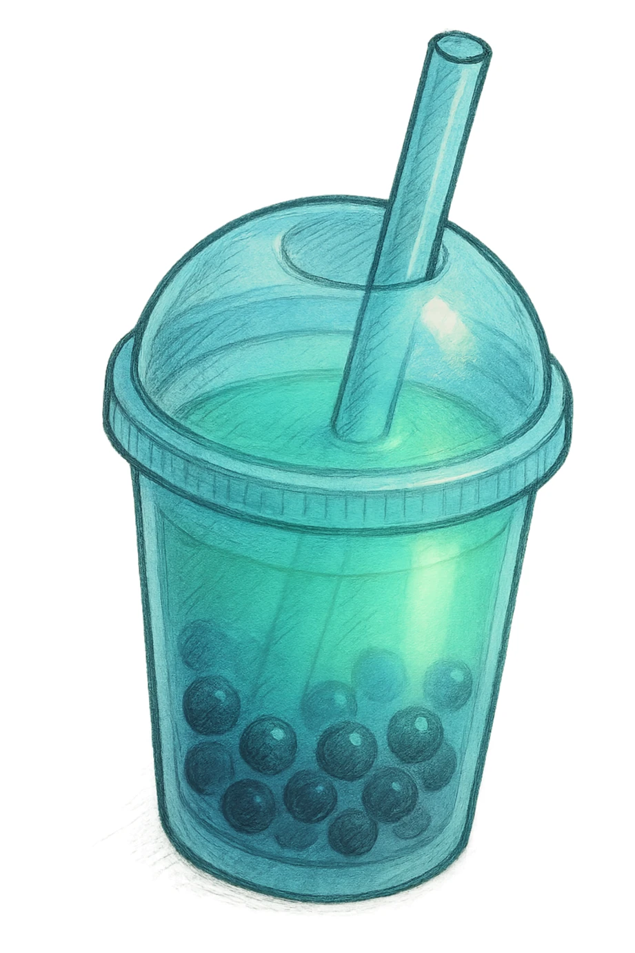hand-drawn volumetric bubble tea cup with a straw, blue and green colors, three-quarter angle view, sketchy illustrated style, expressive shadows and highlights for 3D look sticker