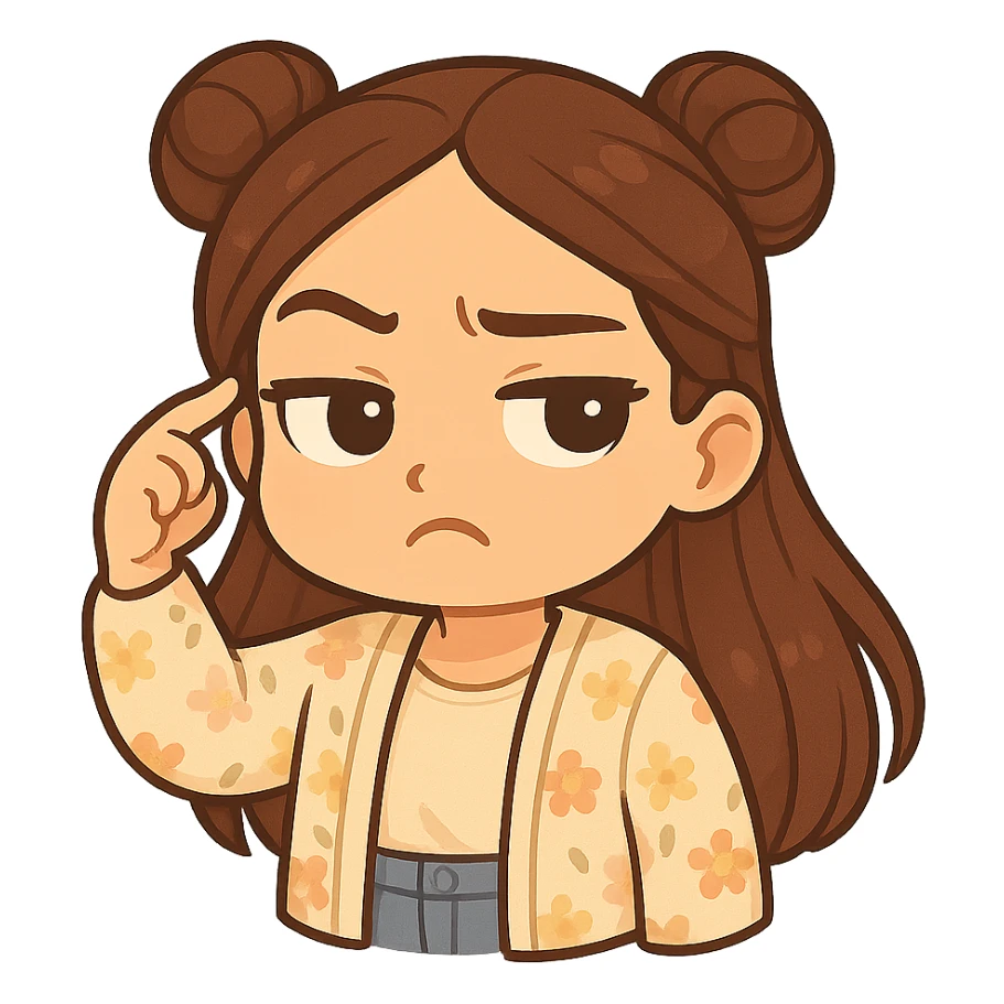 Create a chibi sticker of the girl from the reference image. She is twirling her finger at her temple with a sarcastic, skeptical face (not angry). She has brown straight hair styled in double buns, brown eyes, wearing a pastel floral cardigan and jeans. The sticker should have a white outline and a transparent background, sized 512x512px. sticker