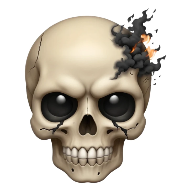 iOS style emoji, dark fantasy skull, cracks, black smoke from eyes, soft light, stylized sticker