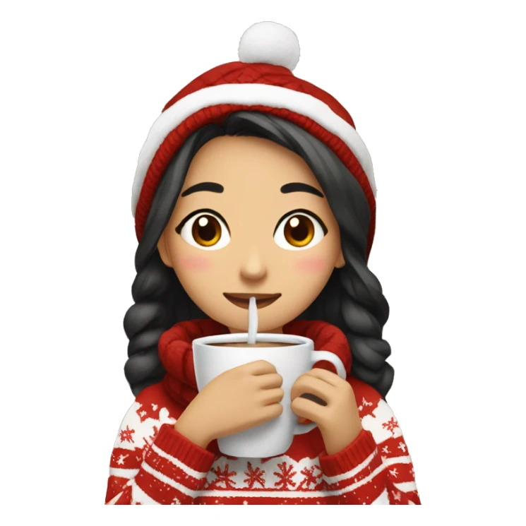 asian girl drinking coffee wearing Christmas sweater sticker