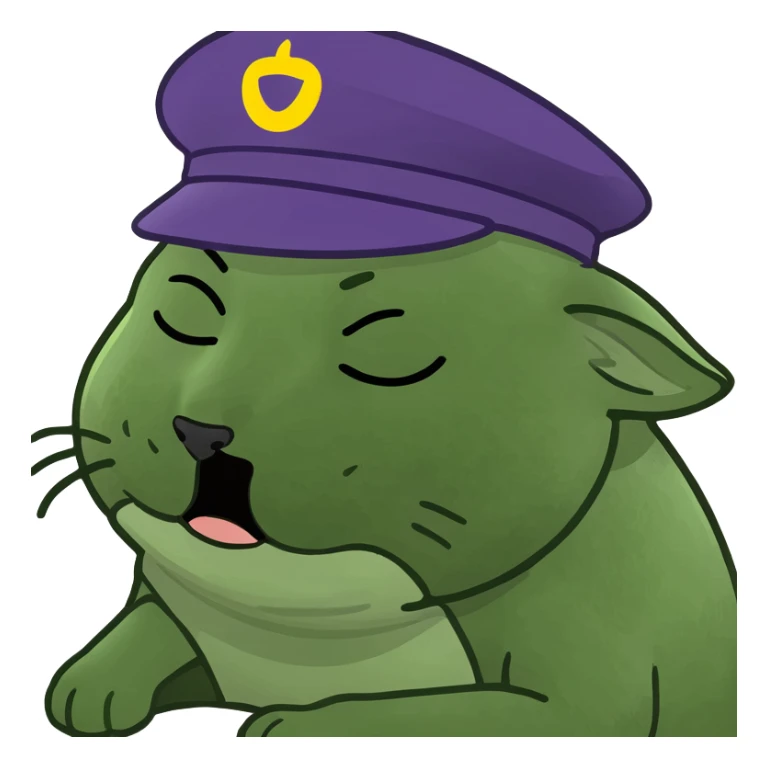 emoji of sleeping cat, its pose is lying, it has on his head FedEx uniform cap sticker