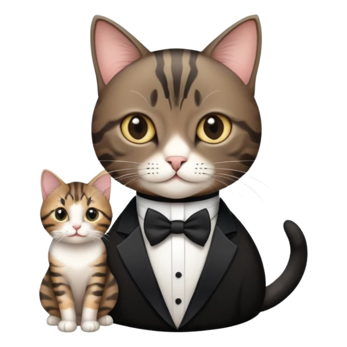 A short haired tabby cat with a black tuxedo cat sticker