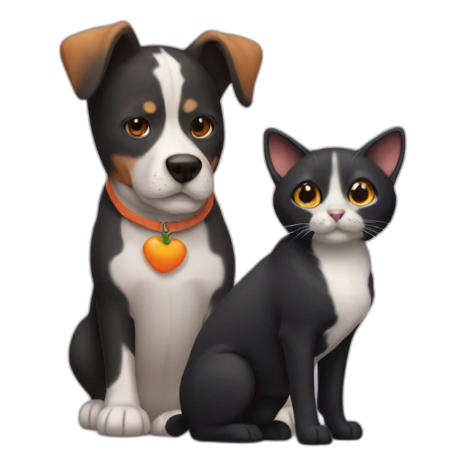 black and samll dog with a orange cat sticker