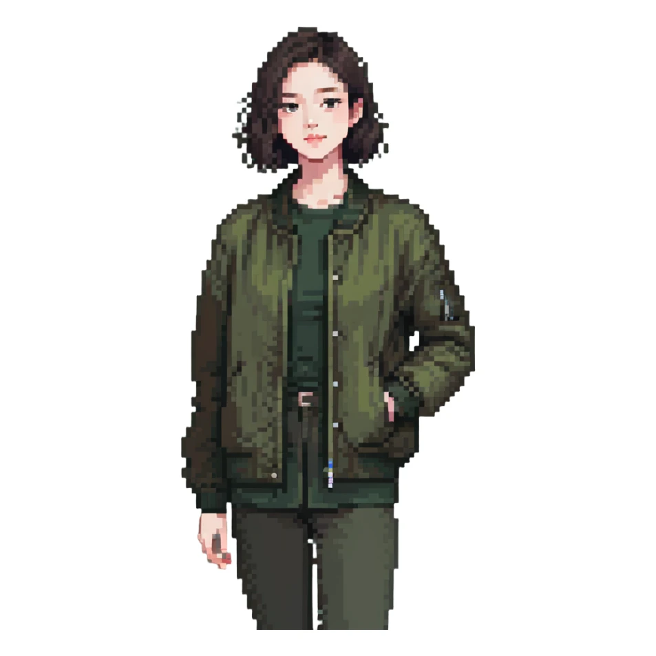 dark olive green jacket over a lighter green top sticker