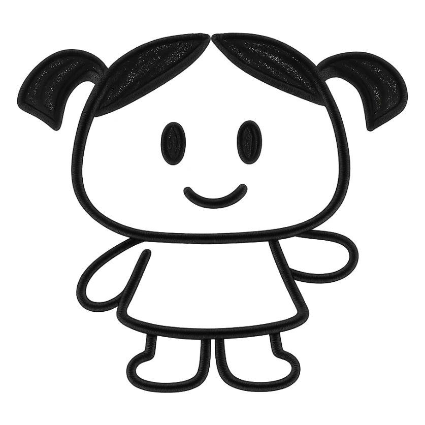 Monica Toy character as a simple, modern icon, clean lines, minimal details, flat color sticker