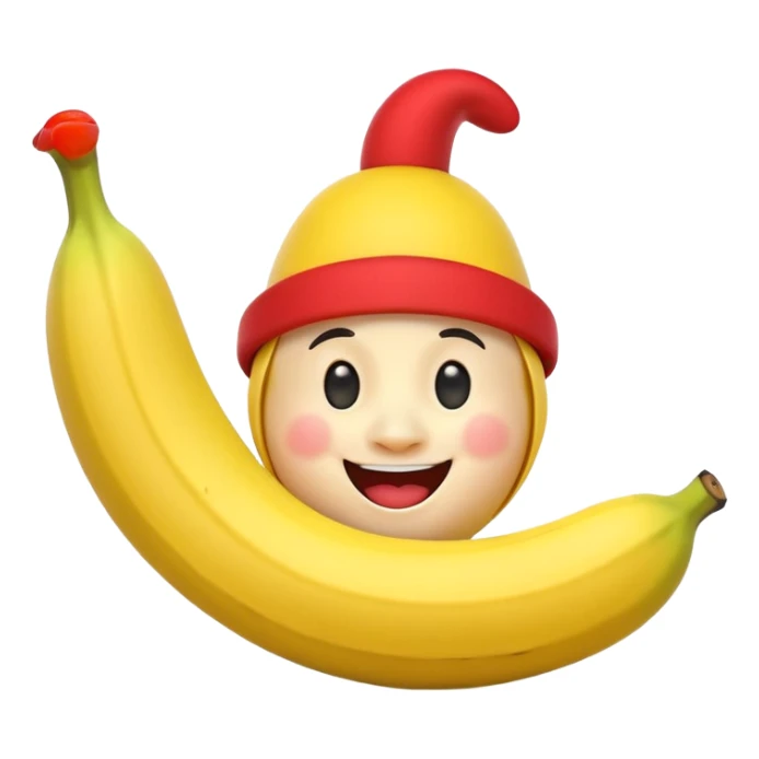 A 3D cartoon banana with a red nose and tiny hat, smiling face, playful pose, Memoji-style. sticker