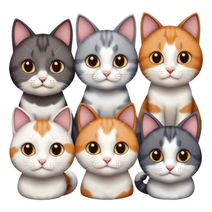 5 different coloured short haired cats including; a dark brown and white cat, and a dark grey and white, and a calico sticker