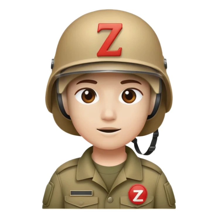 Wearing a military helmet with a visor on top of which there is a patch with the letter Z sticker