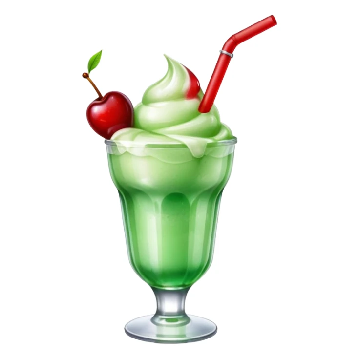 Create an emoji with a clear rounded glass, bright transparent green soda with fine bubbles, a smooth vanilla scoop, a glossy red cherry, and a black straw, using vibrant colors, soft shading, and clear glass highlights.
 sticker