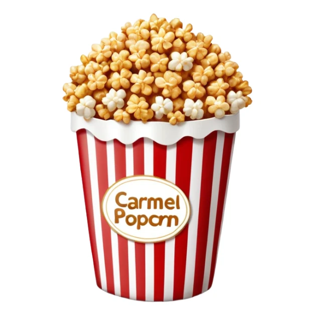 caramel popcorn in a large red and white vertically striped package, thick bold stripes, golden brown caramel popcorn, minimalist design, no text or additional elements on package, only thick red and white stripes pattern, glossy iOS emoji style sticker
