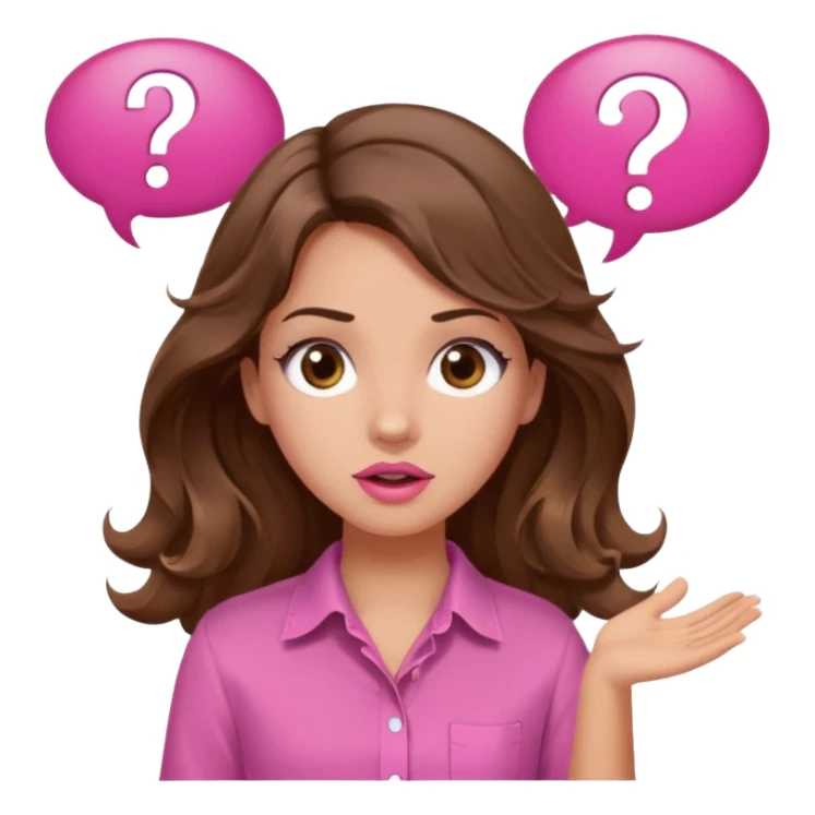 girl with long wavy brown hair, brown eyes, light to medium complexion, in a pink shirt, pink lips, long lashes, shugging, question mark one speech bubble sticker