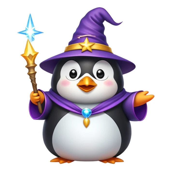 chubby penguin wizard casting a spell, with sparkles around, emoji style sticker