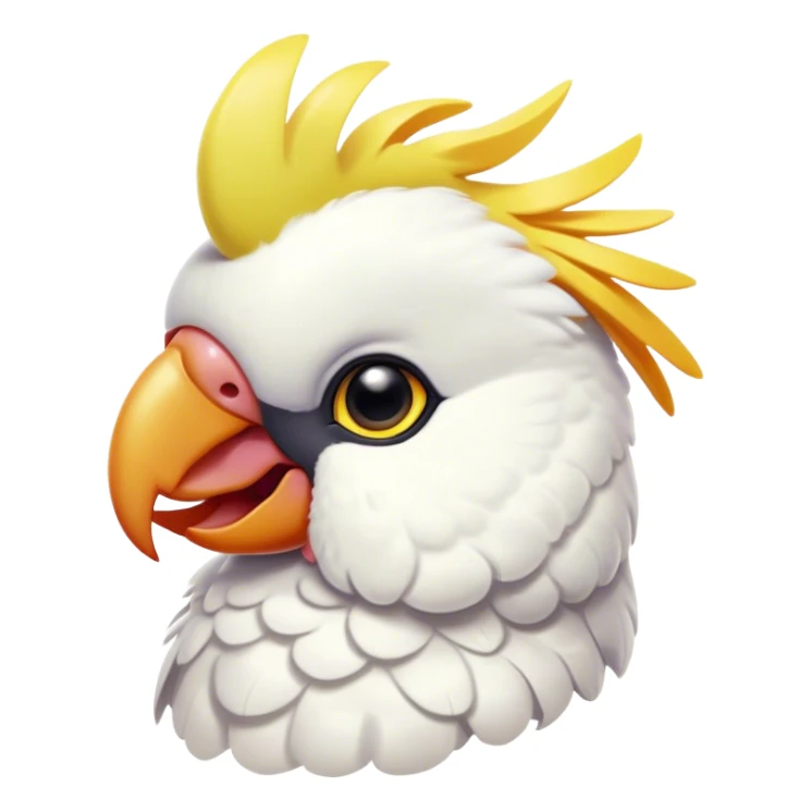 Cinematic Cute Cockatoo Portrait Emoji, Head tilted playfully and inquisitively, featuring a charming, fluffy form with a vividly colored crest, round, sparkling eyes full of playful wonder, and a soft, curved beak, Simplified yet irresistibly adorable features, highly detailed, glowing with a warm, inviting tropical glow, high shine, affectionate and lively, stylized with a touch of whimsical avian charm, soft glowing outline, capturing the essence of a mischievous yet loving cockatoo that seems as if it could flutter out of the screen into your arms! sticker