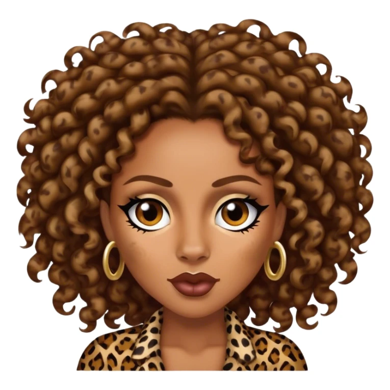Melanie Brown with brown curls wearing leopard print and sneering sticker