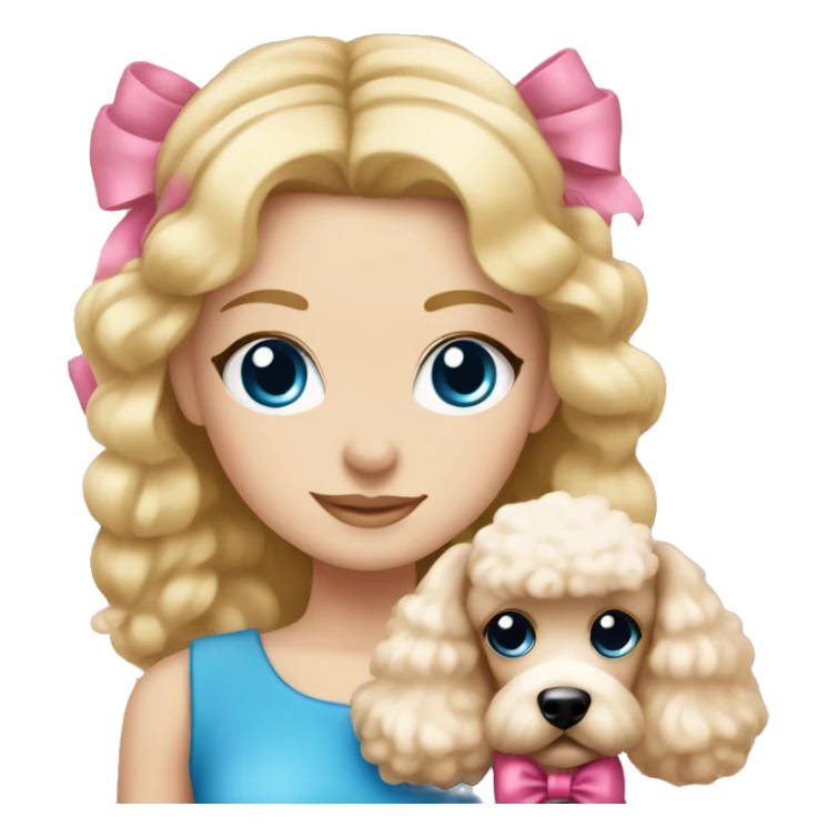 Blonde girl with blue eyes holding a poodle with a pink bow ￼ sticker
