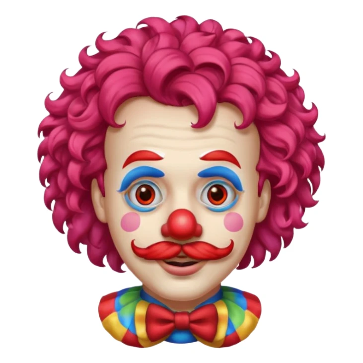 Classic clown — curly mustache, red nose sticker