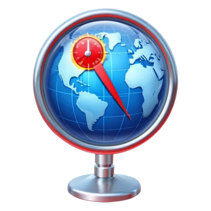 Blue Earth sphere, tilted. Prominent, oversized, fiery red thermometer/gauge, embedded. Indicator peaking 'danger' zone sticker