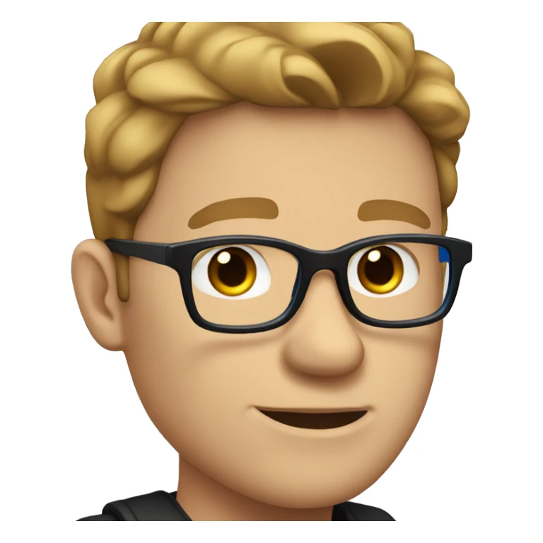 White male with brown side parting wearing glasses in a black t-shirt and blue eyes sticker