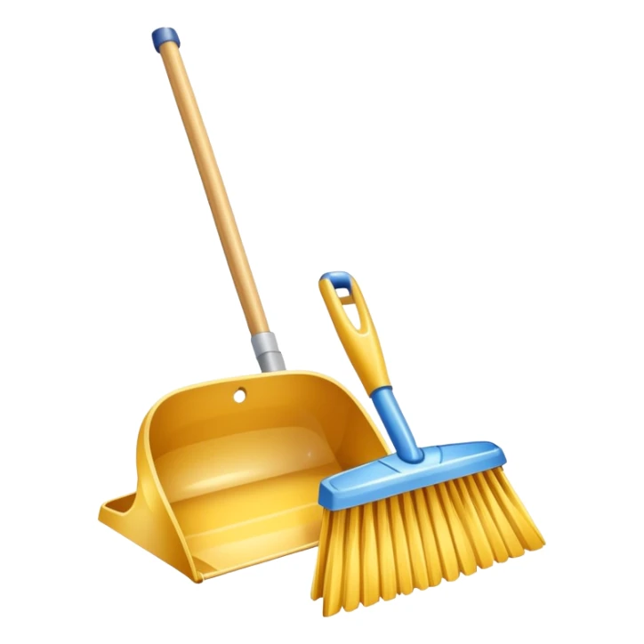 broom and dustpan with sparkles, clean and friendly sticker