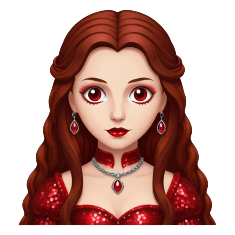 Countess Bathory with long brown hair, red sequin outfit sticker