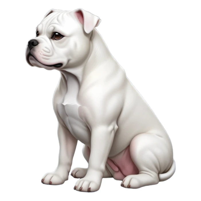 cinematic-[solid white american bulldog]-realistic-full-body-sitting-emoji,-tail-resting-loosely-beside-its-paws,-head-tilted-dramatically,-sleek-[solid white]-fur,-simplified-yet-realistic-focused-features,-highly-detailed,-glowing-with-an-almost-sarcastic-glow sticker