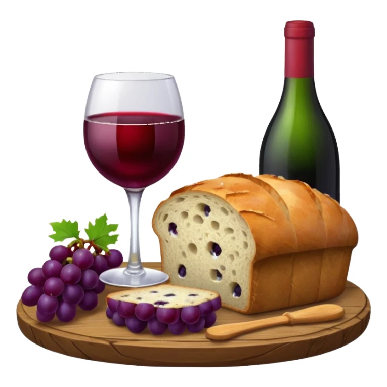 Please make a wine glass with a red cloth, make some grapes and a whole round loaf of bread, and place them on an elegant board. sticker