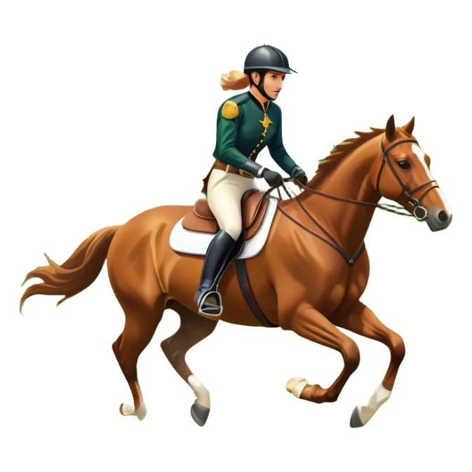 An icon featuring a horse and rider galloping gracefully over a lush green field. The rider is in full gear, guiding the horse with precision. The background shows rolling hills, a clear blue sky, and vibrant sunlight illuminating the scene. Transparent background highlights the elegance sticker