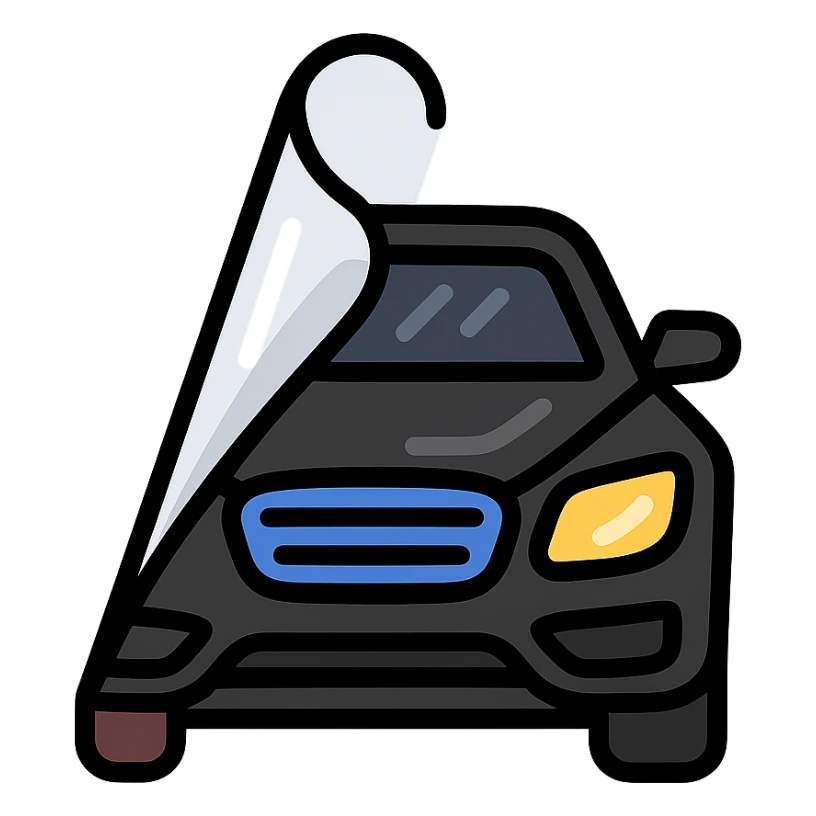 high-end black car icon partially covered by a rolled transparent or light gray film with curved adhesion effect, glossy black main color, modern and clean style, no text sticker